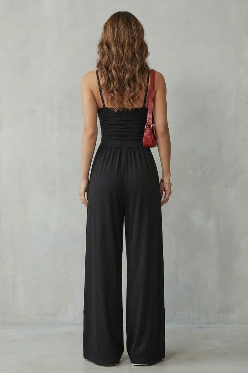 Women's Wide-Leg Jumpsuit Square Neck Double Strap Ruched Waist Sleeveless Casual