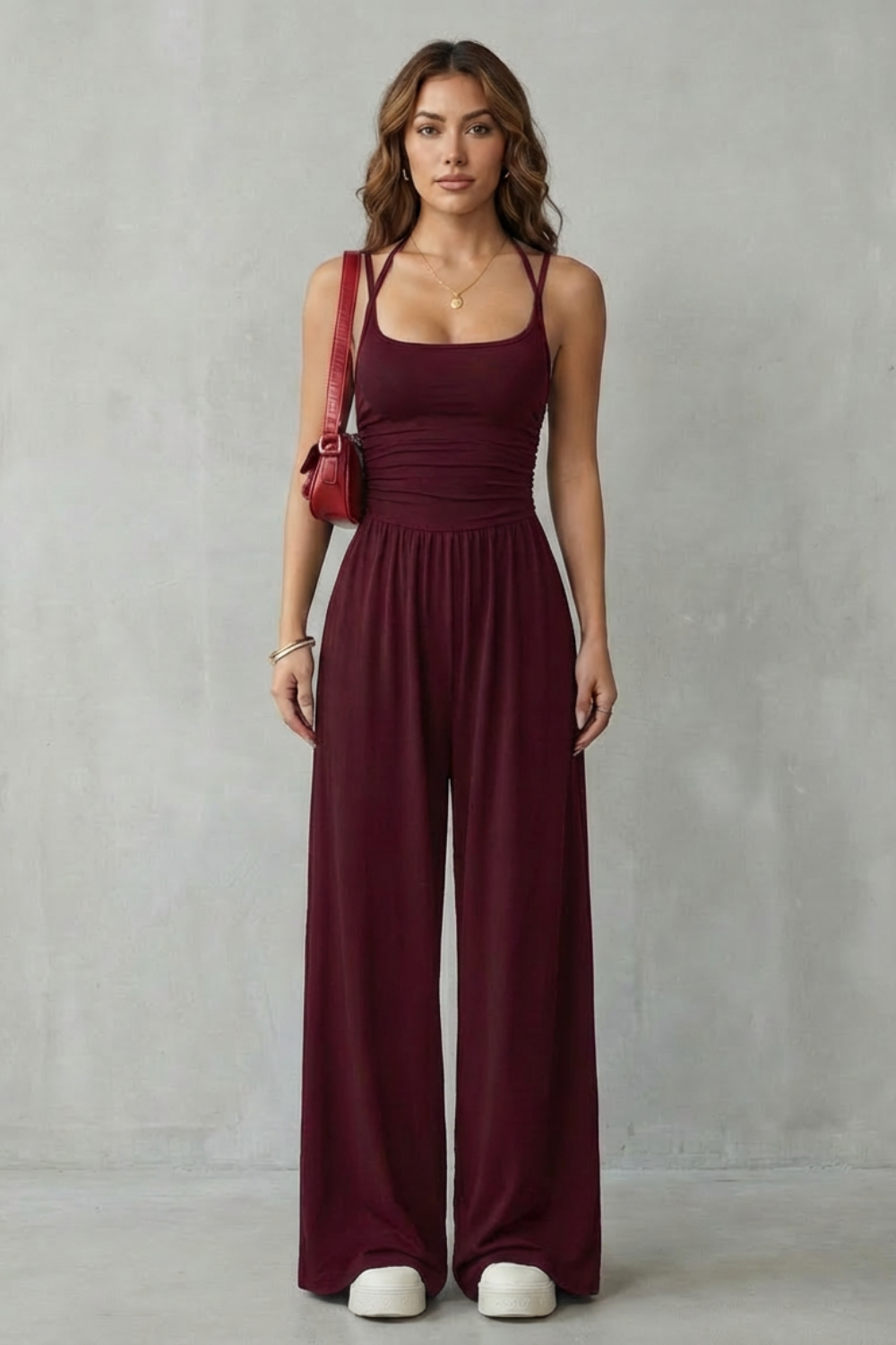 Women's Wide-Leg Jumpsuit Square Neck Double Strap Ruched Waist Sleeveless Casual
