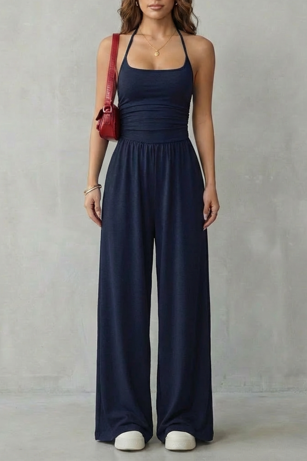 Women's Wide-Leg Jumpsuit Square Neck Double Strap Ruched Waist Sleeveless Casual