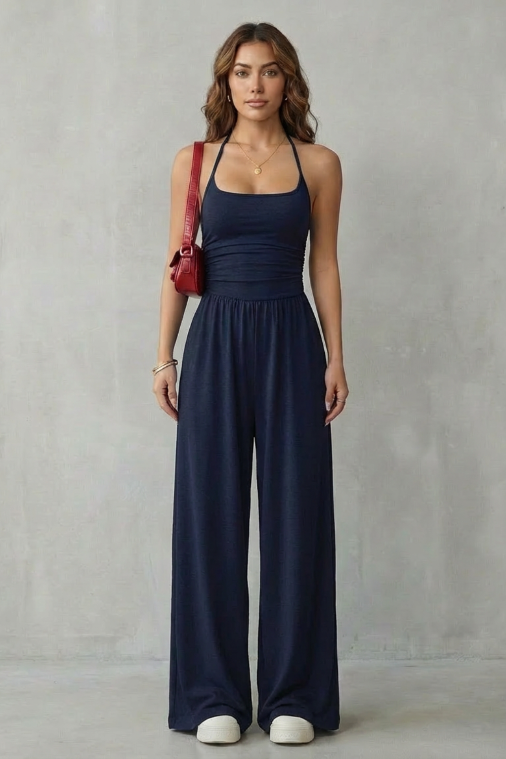 Women's Wide-Leg Jumpsuit Square Neck Double Strap Ruched Waist Sleeveless Casual
