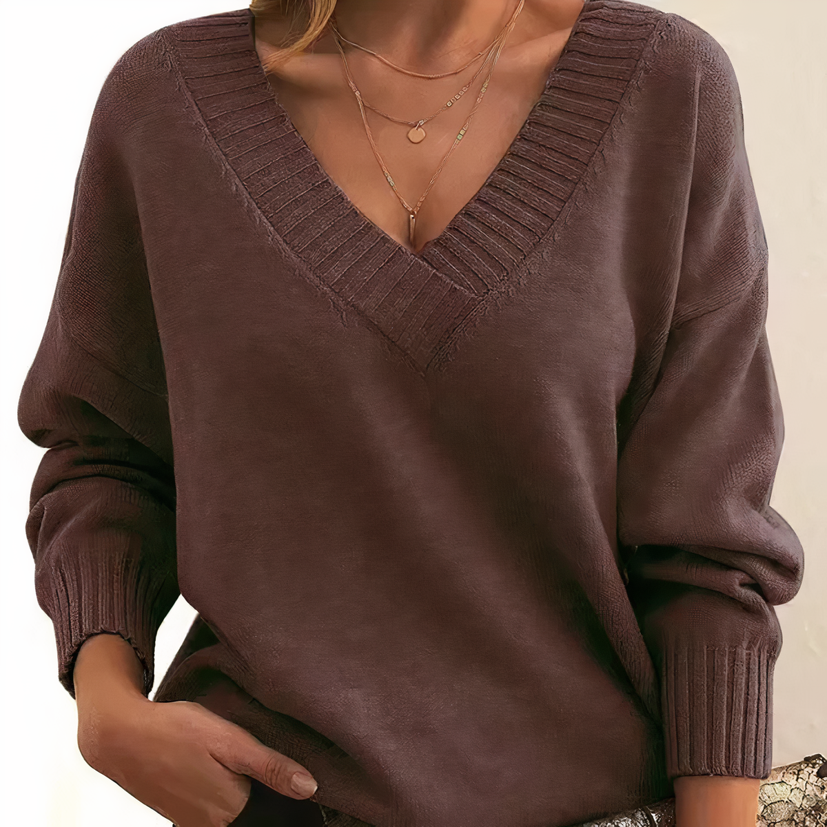Women's Deep V-Neck Sweater Ribbed Collar Long Sleeve Knit Casual Pullover