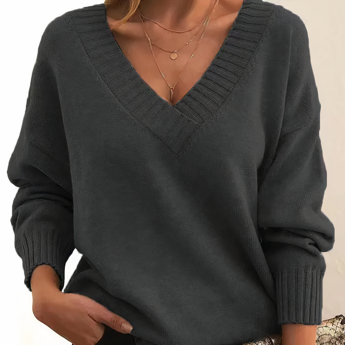 Women's Deep V-Neck Sweater Ribbed Collar Long Sleeve Knit Casual Pullover