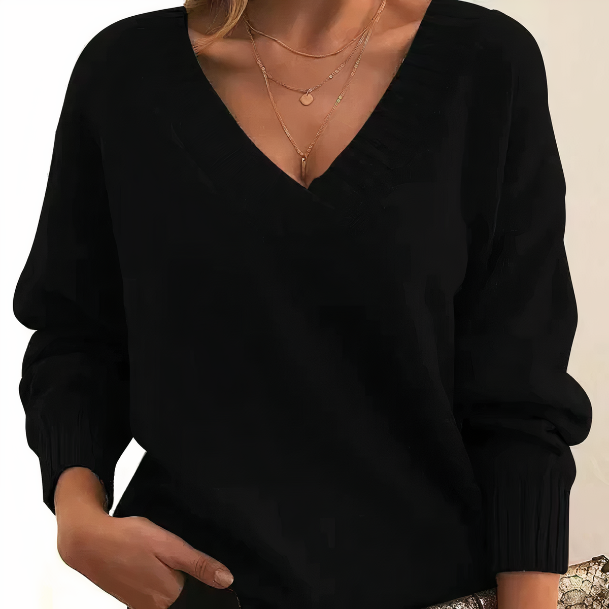 Women's Deep V-Neck Sweater Ribbed Collar Long Sleeve Knit Casual Pullover
