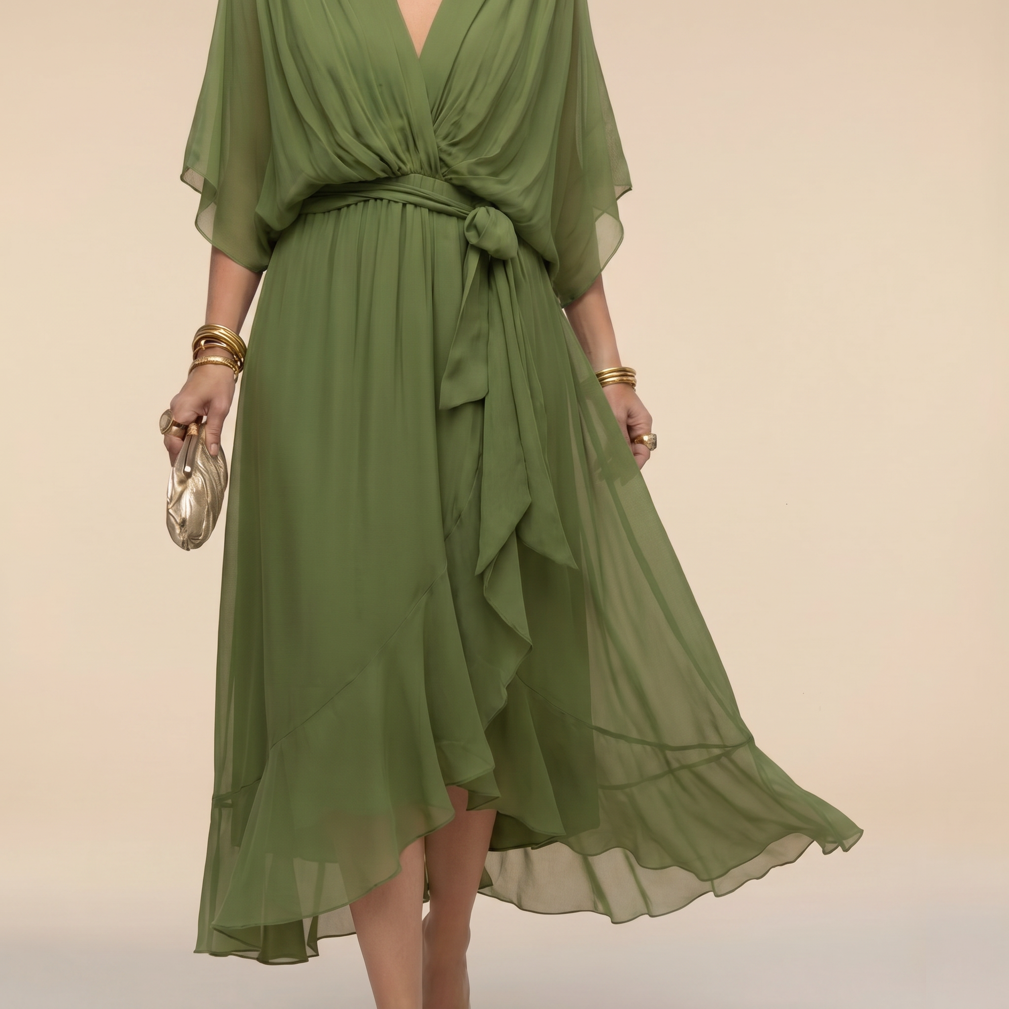 Women's Wrap Midi Dress V-Neck Batwing Sleeve Belted Ruffle Hem Cocktail Party