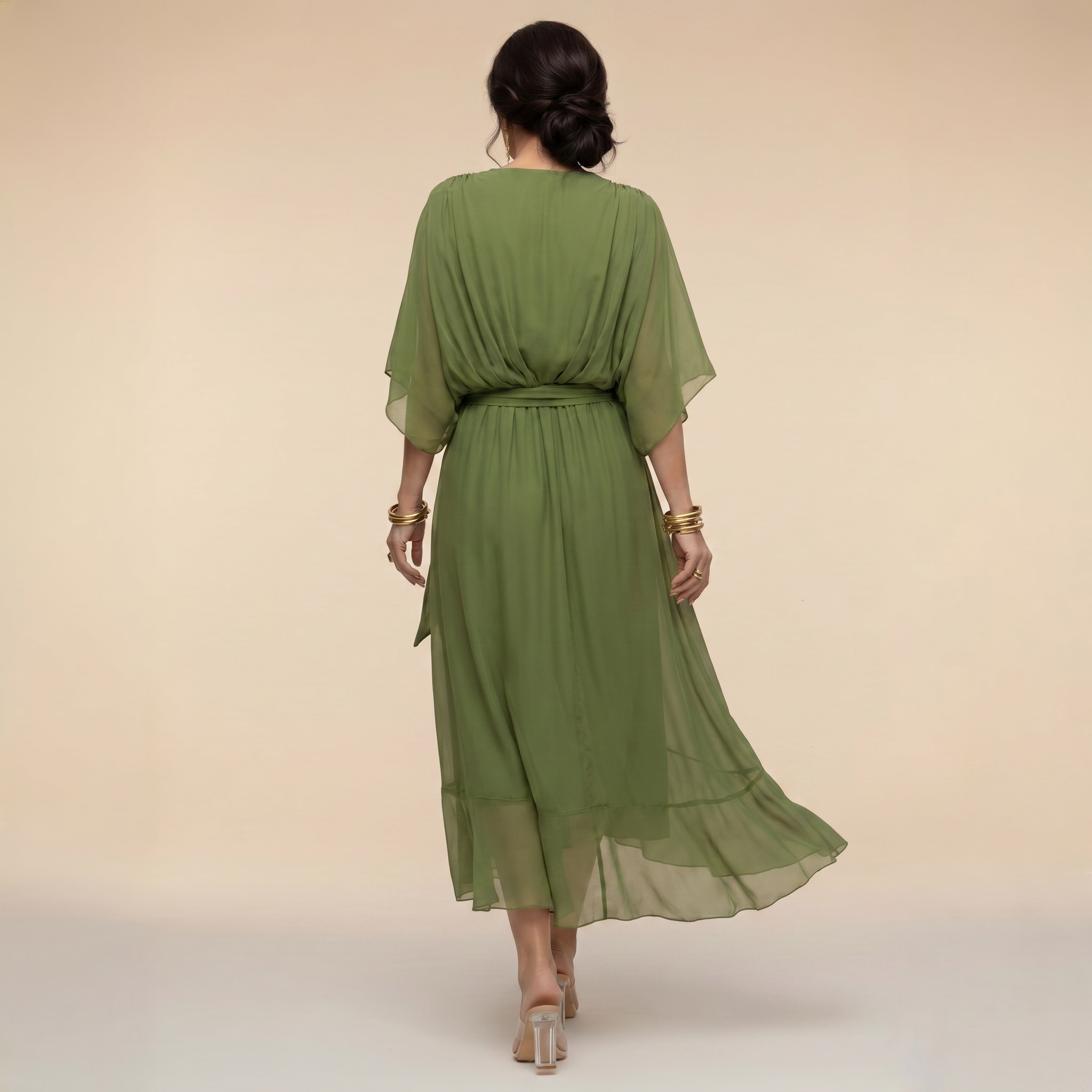 Women's Wrap Midi Dress V-Neck Batwing Sleeve Belted Ruffle Hem Cocktail Party