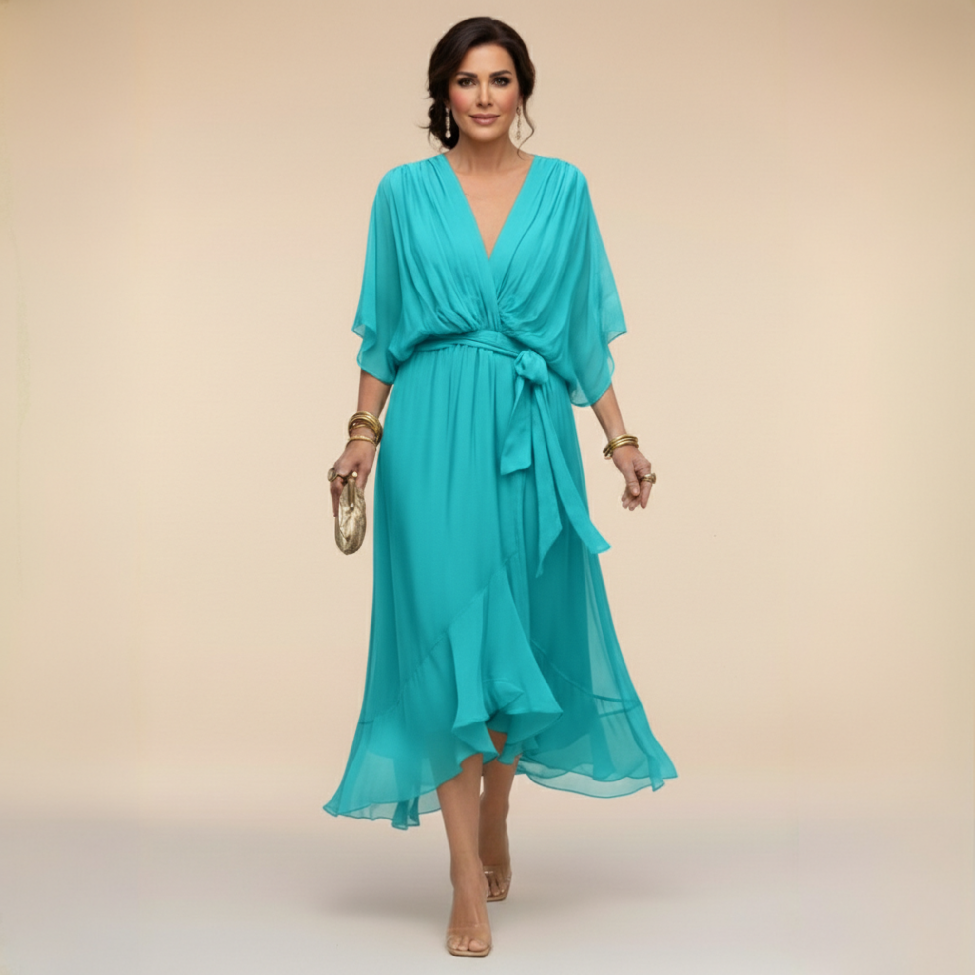 Women's Wrap Midi Dress V-Neck Batwing Sleeve Belted Ruffle Hem Cocktail Party
