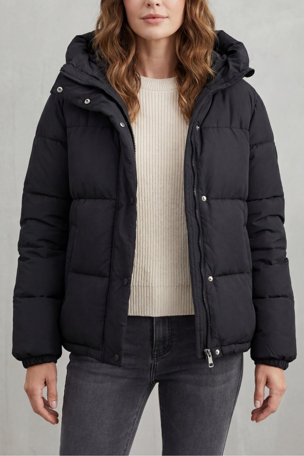 Women's Hooded Puffer Jacket Quilted Zip-Up Black Winter Coat
