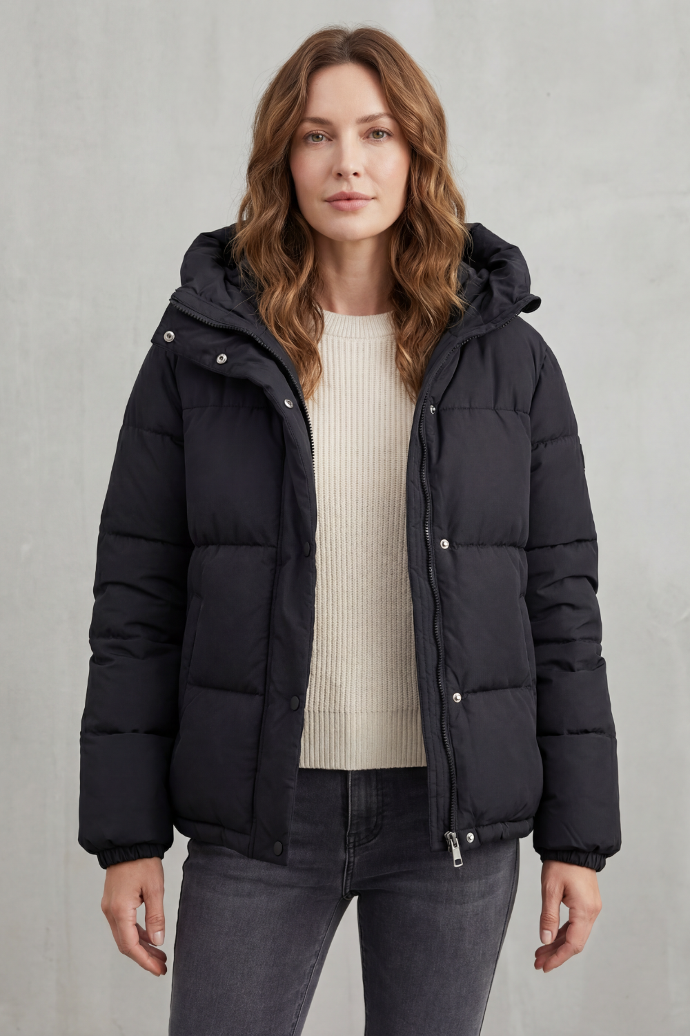 Women's Hooded Puffer Jacket Quilted Zip-Up Black Winter Coat
