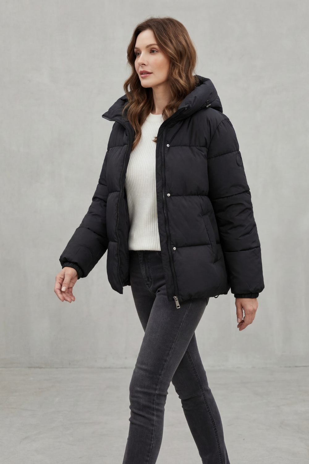 Women's Hooded Puffer Jacket Quilted Zip-Up Black Winter Coat