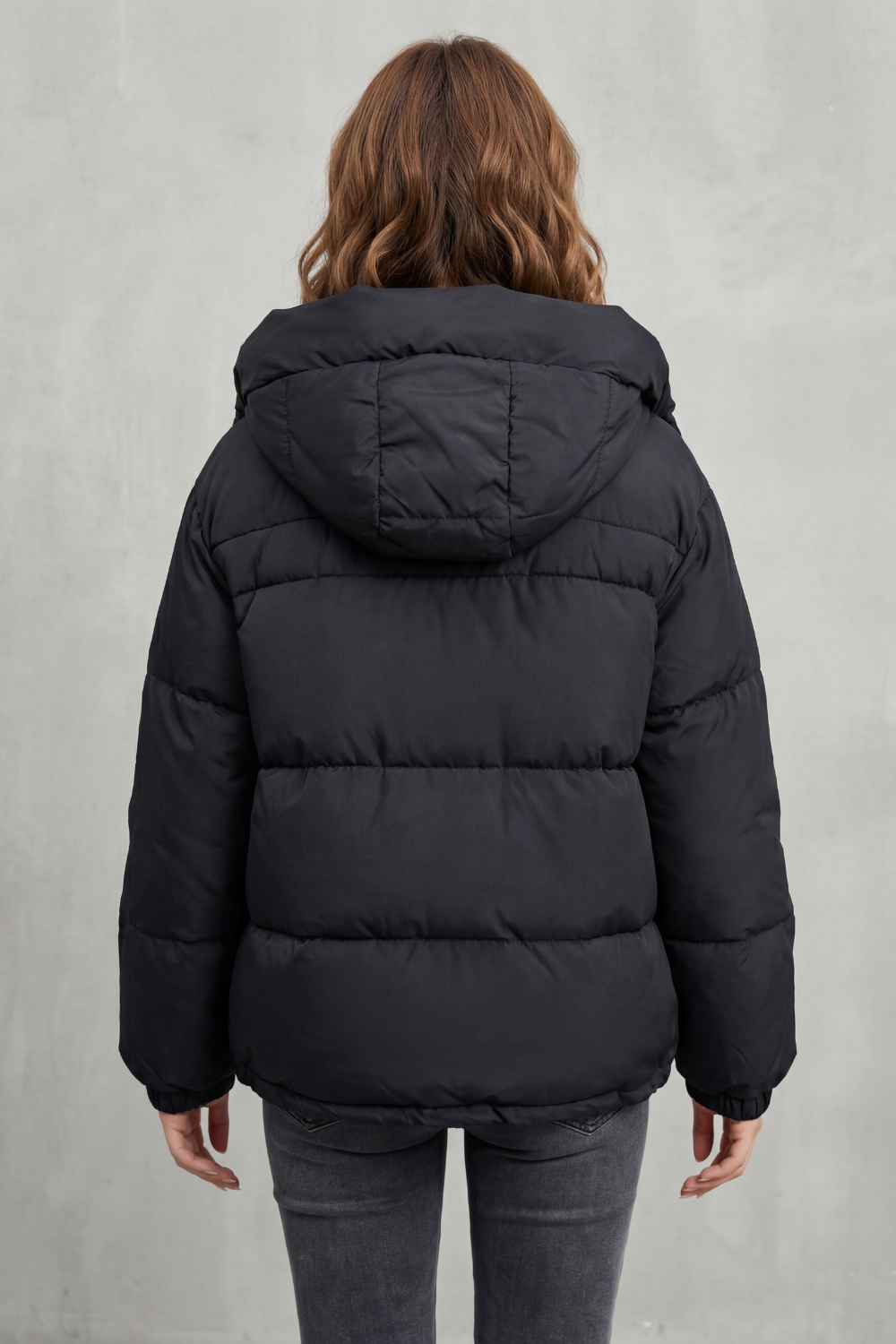 Women's Hooded Puffer Jacket Quilted Zip-Up Black Winter Coat
