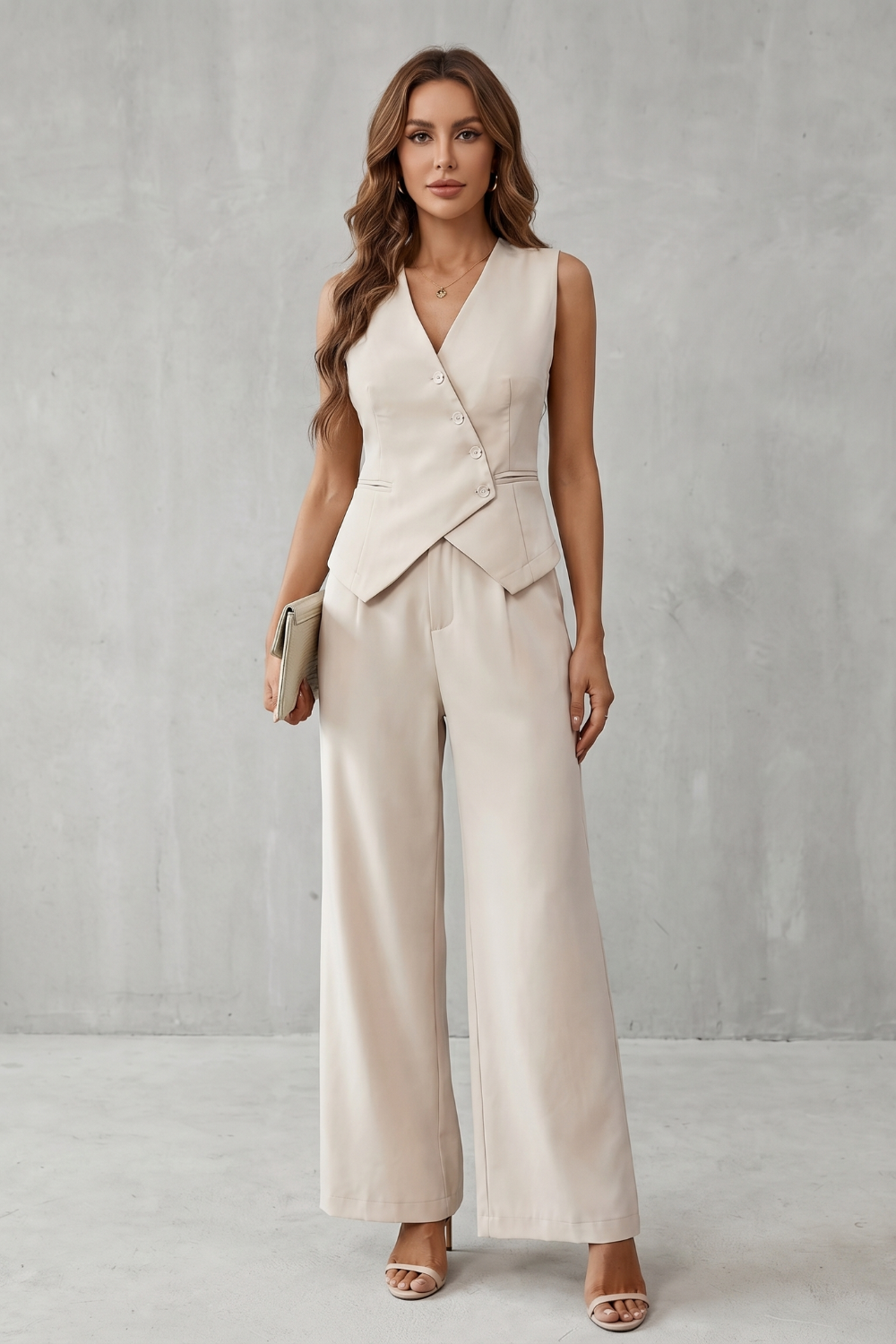 Women's Vest Pants Set V-Neck Button Front Sleeveless Wide Leg Suit