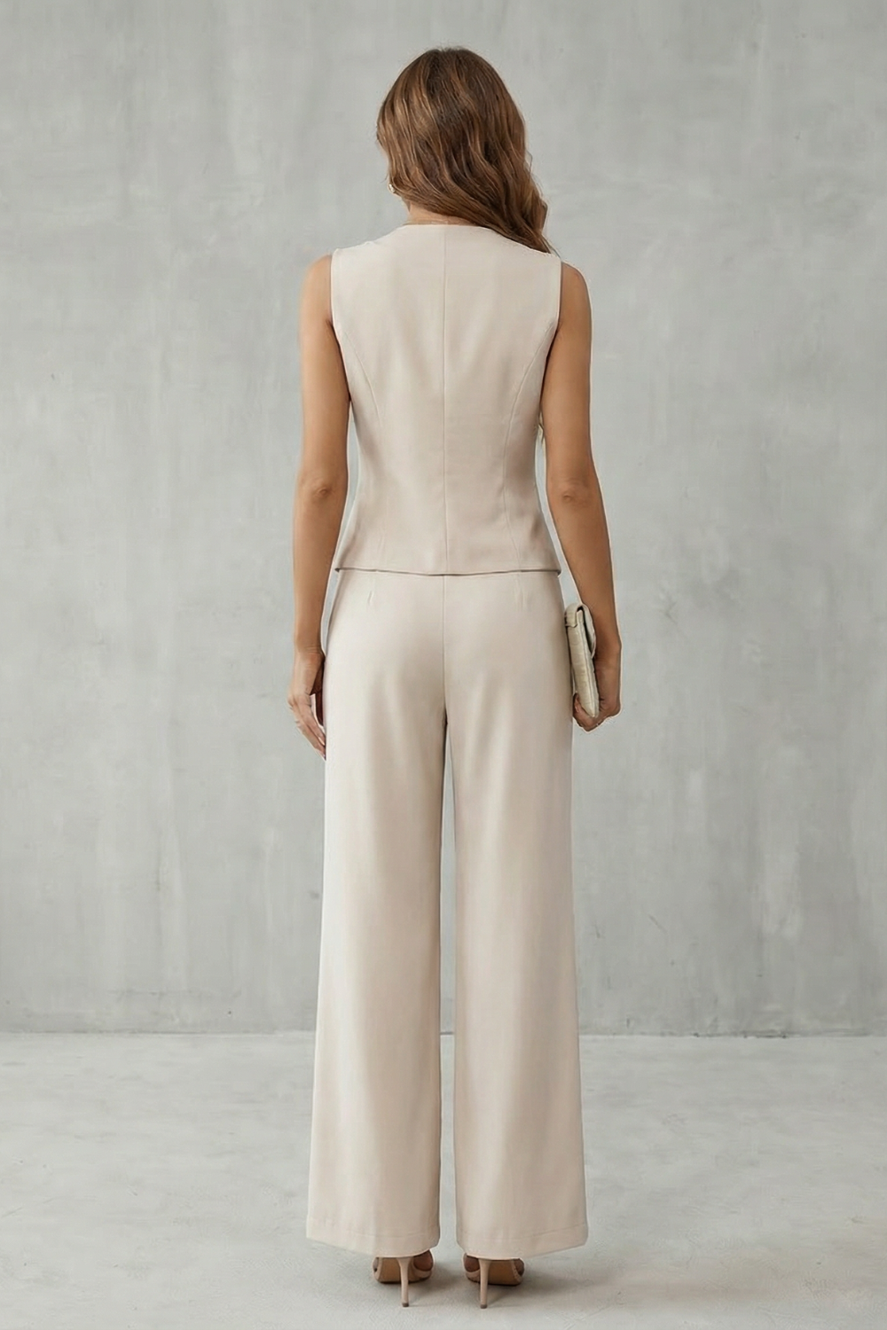 Women's Vest Pants Set V-Neck Button Front Sleeveless Wide Leg Suit