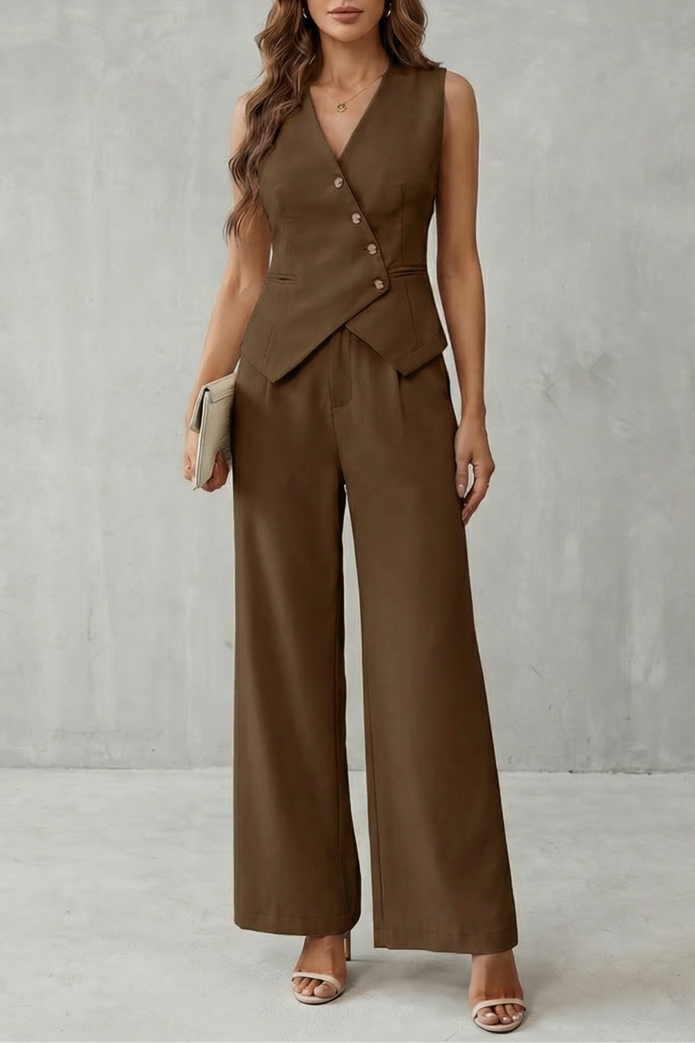 Women's Vest Pants Set V-Neck Button Front Sleeveless Wide Leg Suit