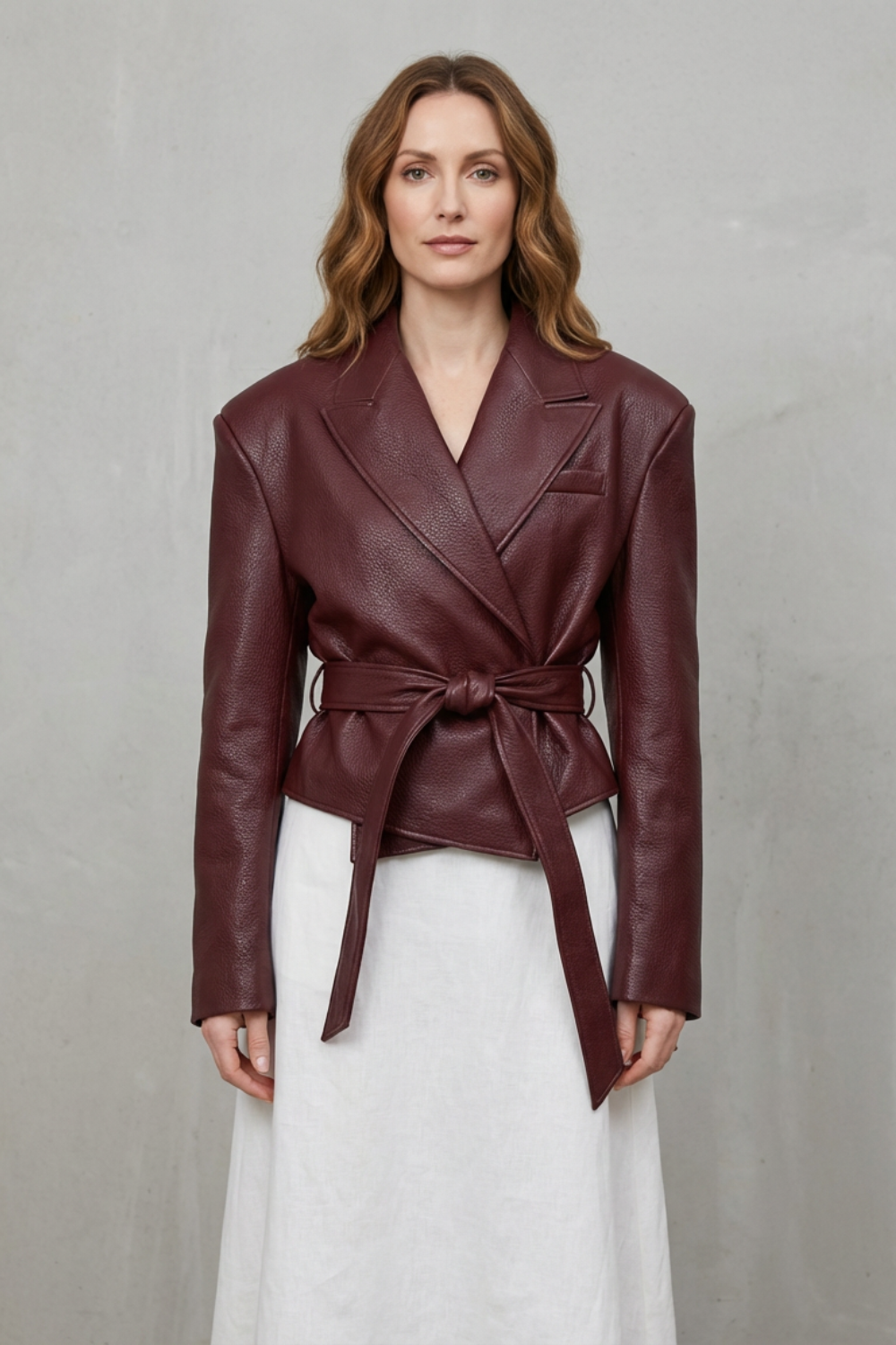 Women's Faux Leather Belted Blazer – Structured Shoulder Wrap Jacket