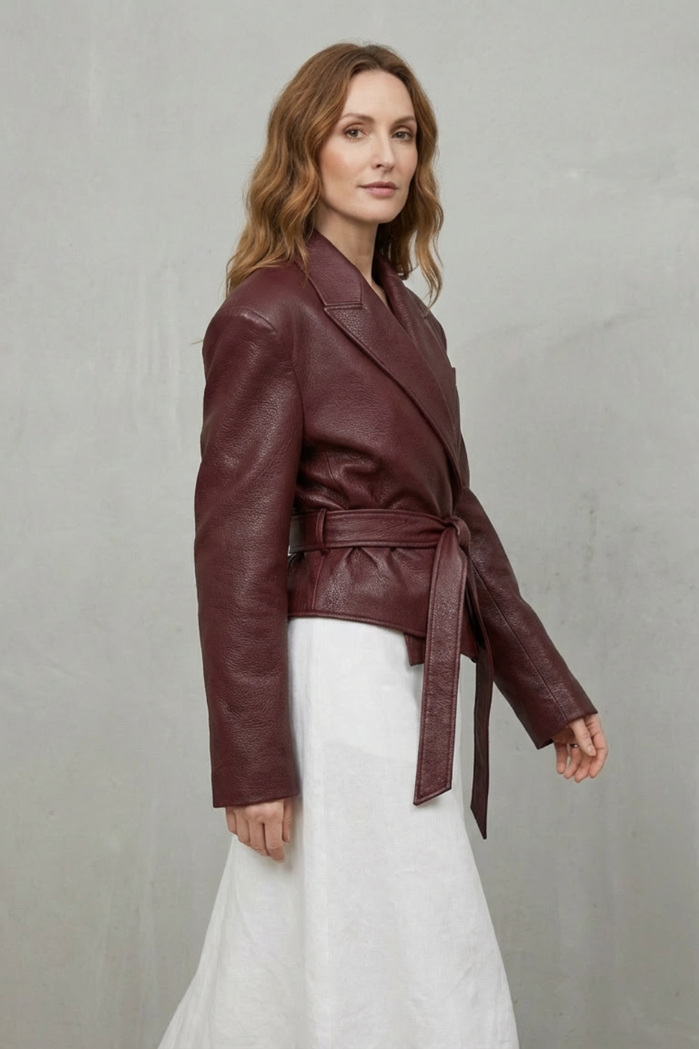 Women's Faux Leather Belted Blazer – Structured Shoulder Wrap Jacket
