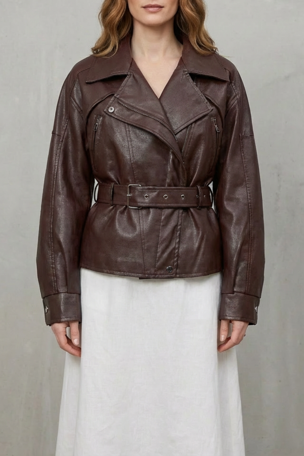 Women's Faux Leather Belted Blazer – Structured Shoulder Wrap Jacket