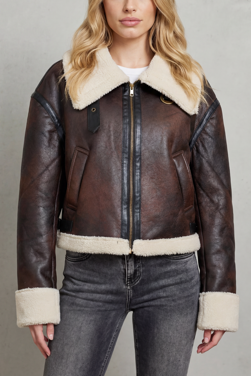 Women's Cropped Aviator Jacket Shearling Trim Collar Zip-Up Winter Outerwear