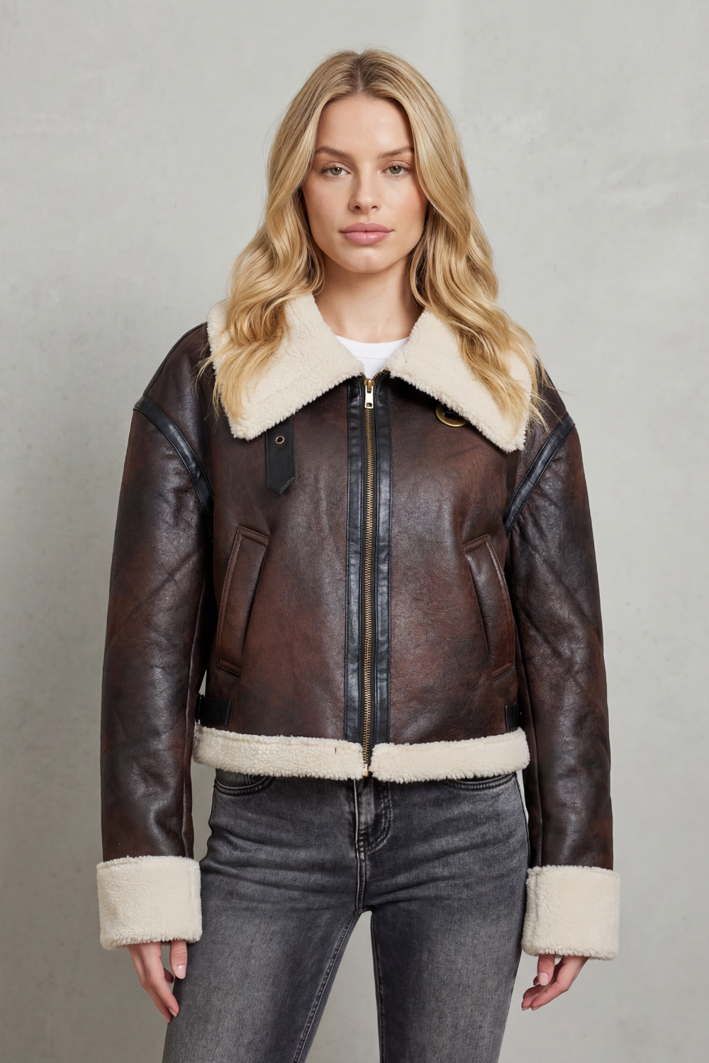 Women's Cropped Aviator Jacket Shearling Trim Collar Zip-Up Winter Outerwear