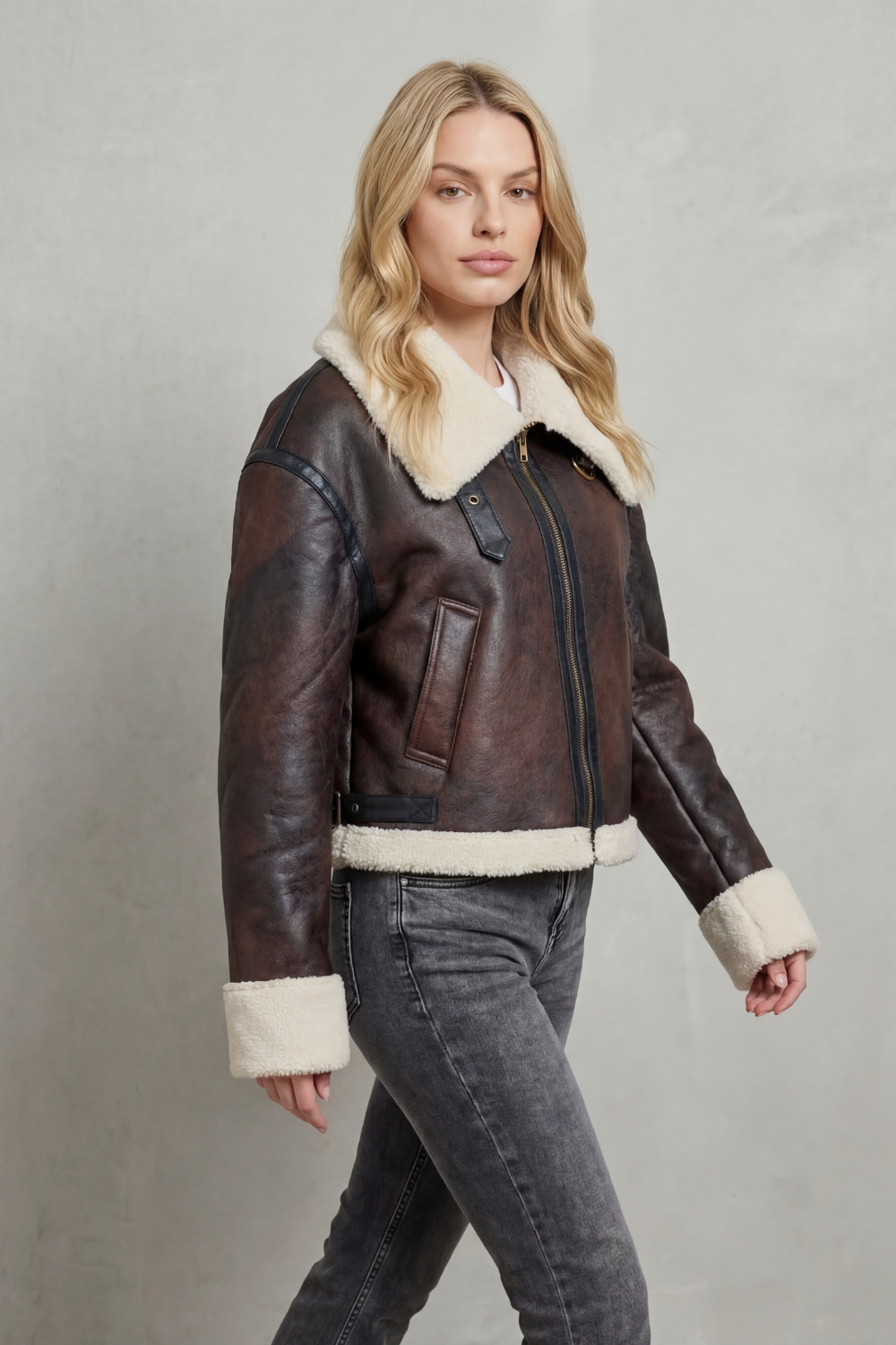 Women's Cropped Aviator Jacket Shearling Trim Collar Zip-Up Winter Outerwear