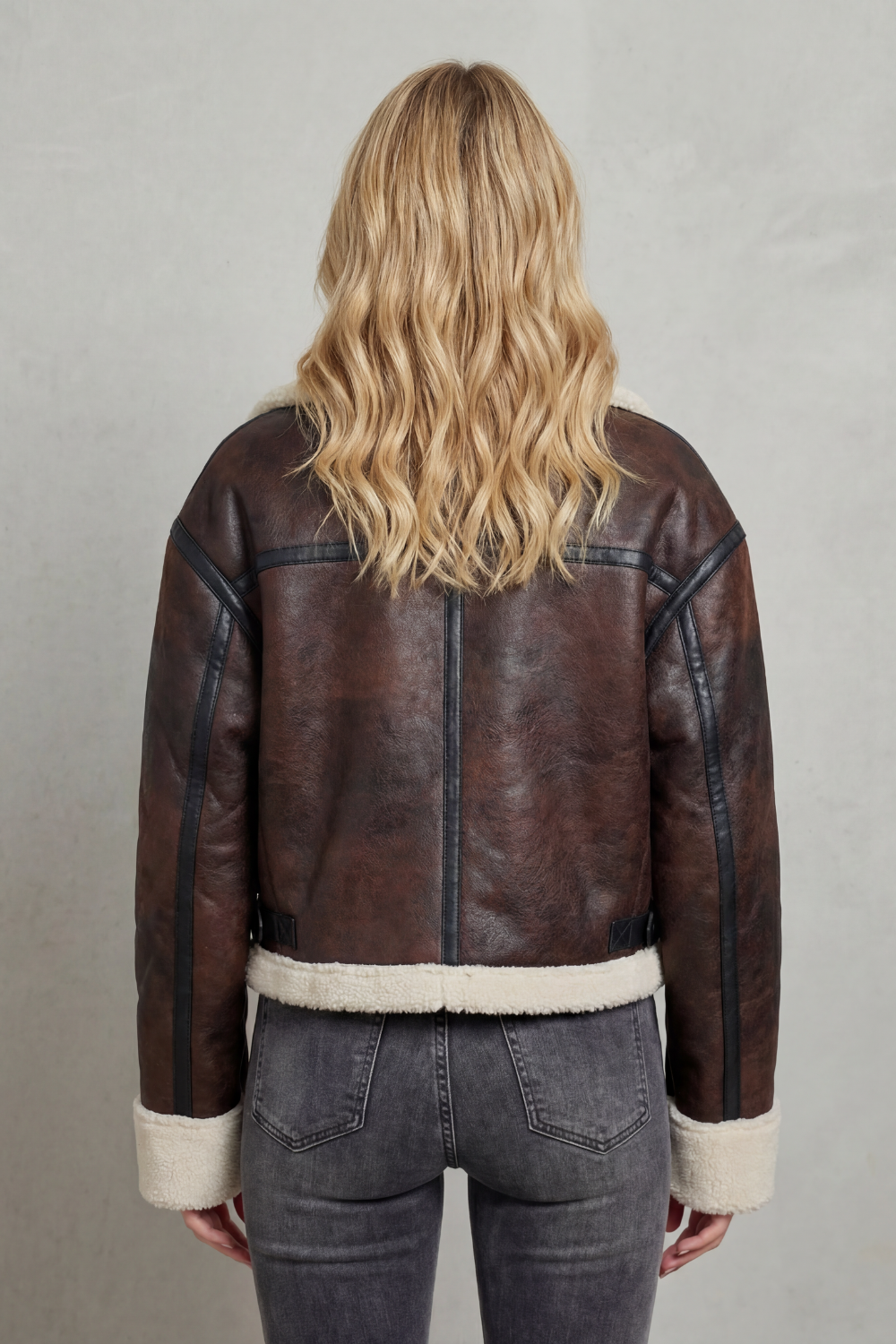 Women's Cropped Aviator Jacket Shearling Trim Collar Zip-Up Winter Outerwear