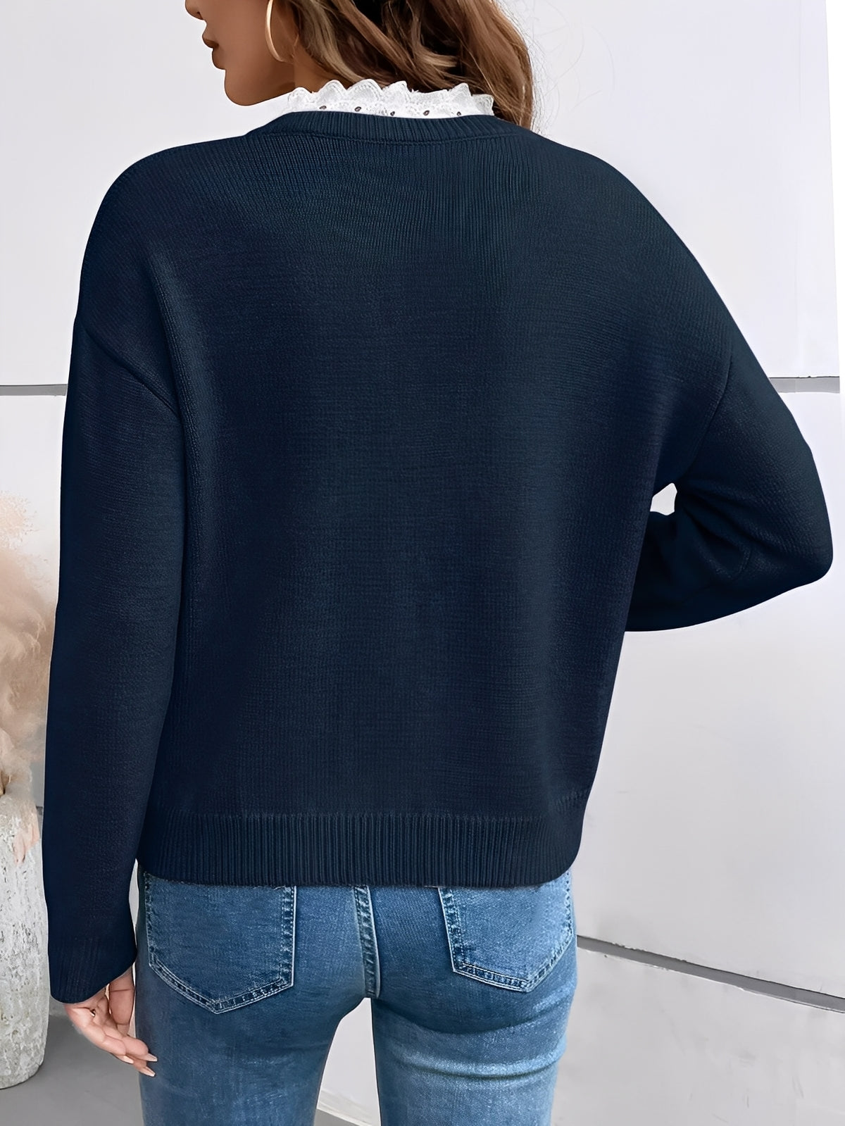 Women's V-Neck Pullover Sweater Lace Trim Long Sleeve Ribbed Knit Casual