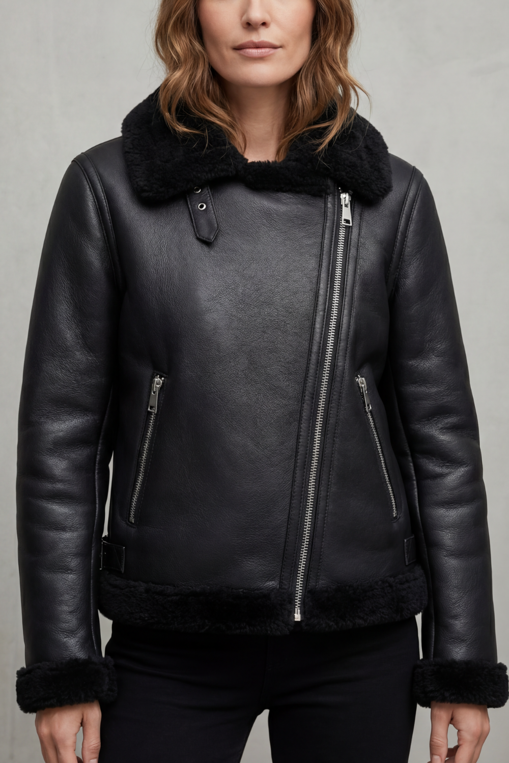 Women's Shearling Biker Jacket Asymmetric Zip Fur Collar Black Winter Coat