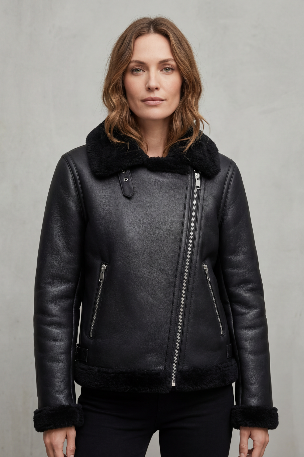 Women's Shearling Biker Jacket Asymmetric Zip Fur Collar Black Winter Coat
