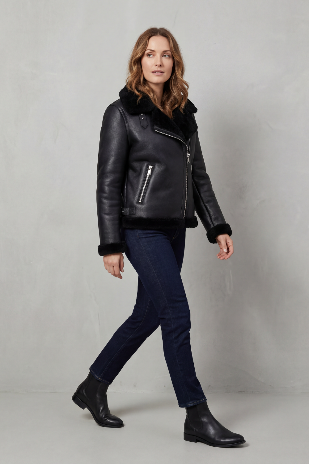 Women's Shearling Biker Jacket Asymmetric Zip Fur Collar Black Winter Coat