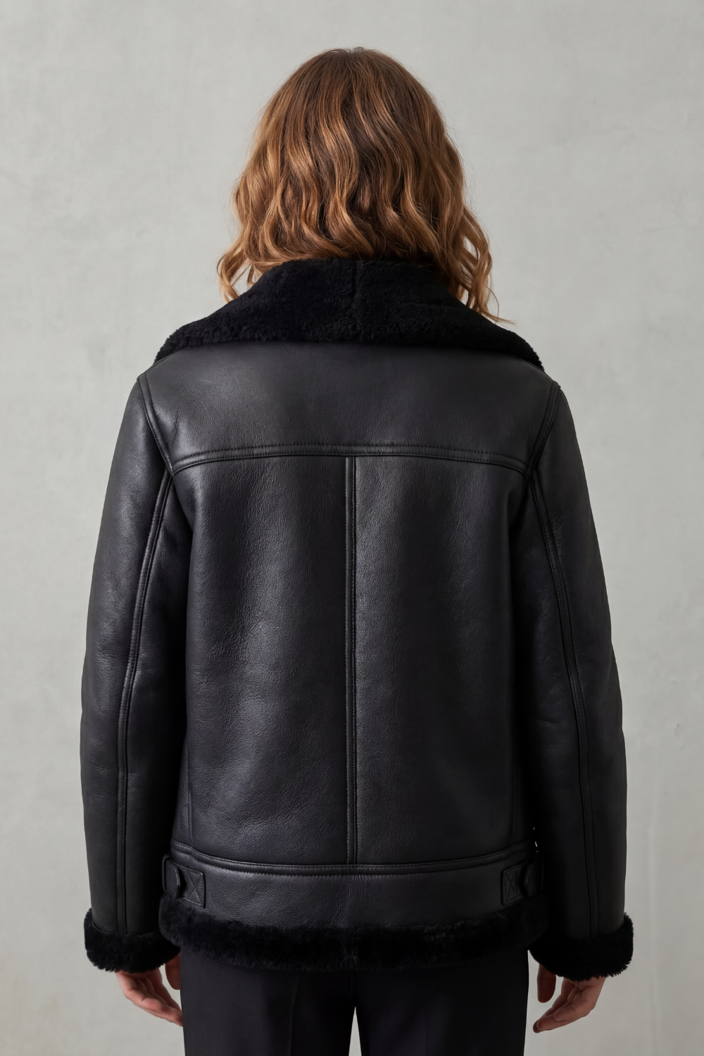 Women's Shearling Biker Jacket Asymmetric Zip Fur Collar Black Winter Coat