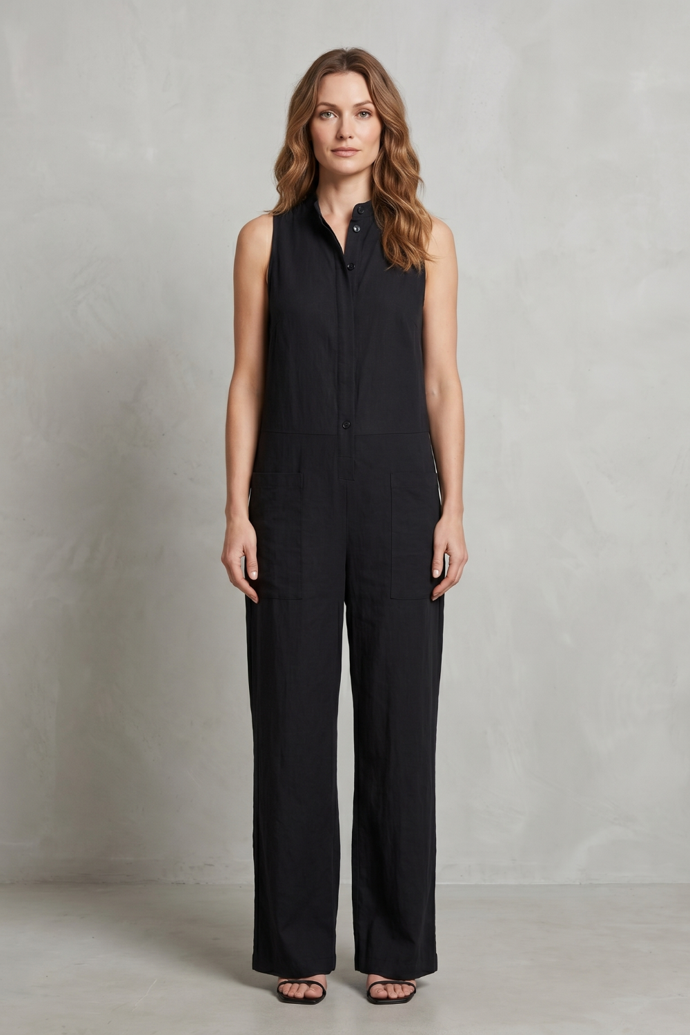 Women's Sleeveless Jumpsuit Wide Leg Button Front Pockets Casual