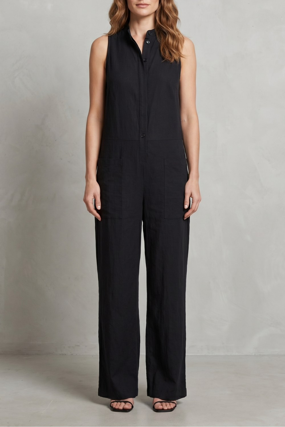Women's Sleeveless Jumpsuit Wide Leg Button Front Pockets Casual