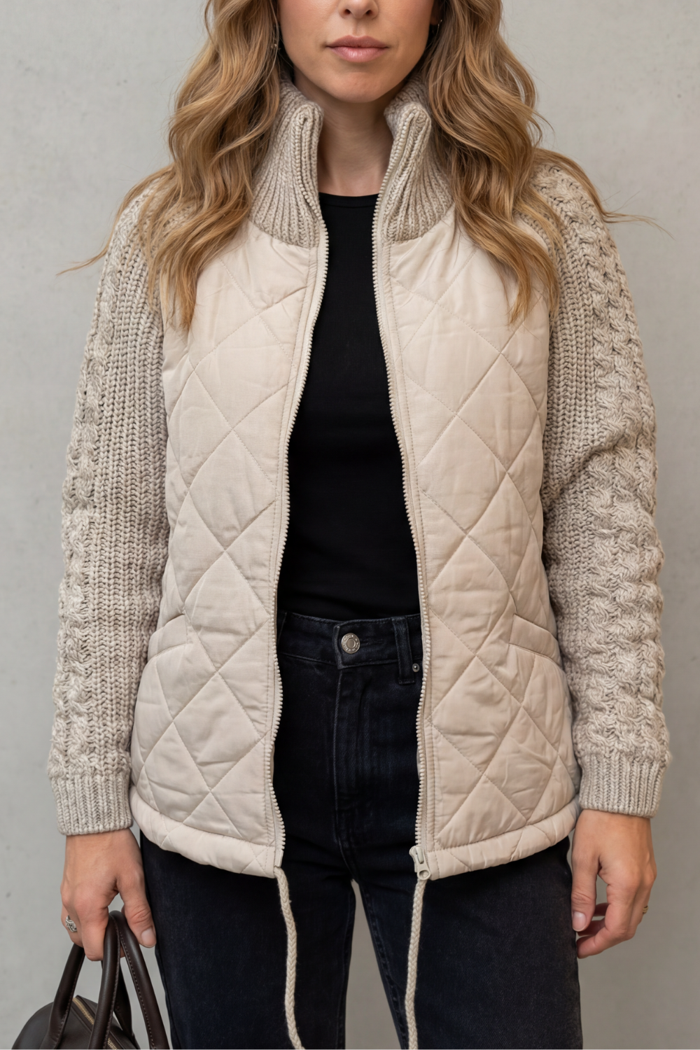 Women's Quilted Puffer Jacket Cable Knit Sleeves Zip-Up Stand Collar Winter