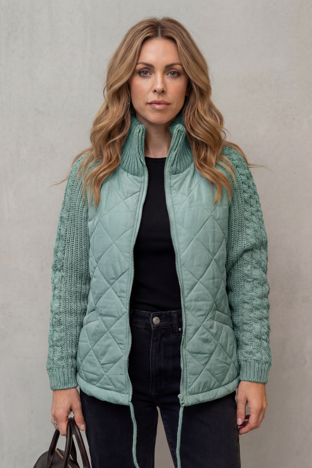Women's Quilted Puffer Jacket Cable Knit Sleeves Zip-Up Stand Collar Winter