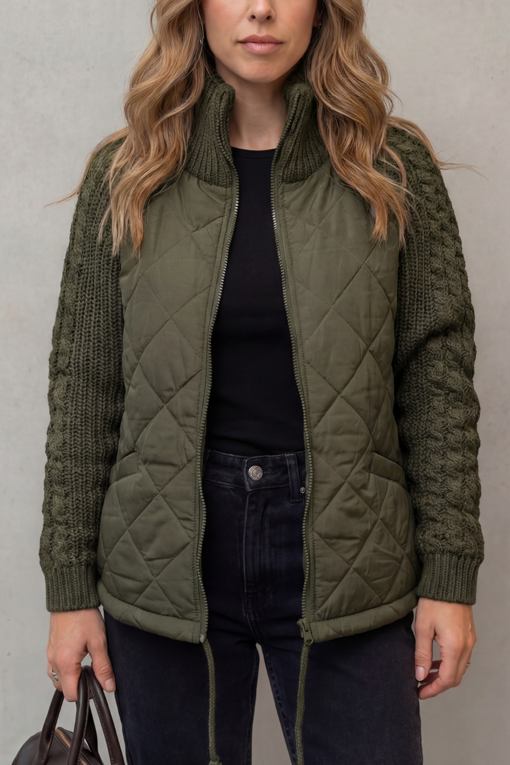 Women's Quilted Puffer Jacket Cable Knit Sleeves Zip-Up Stand Collar Winter