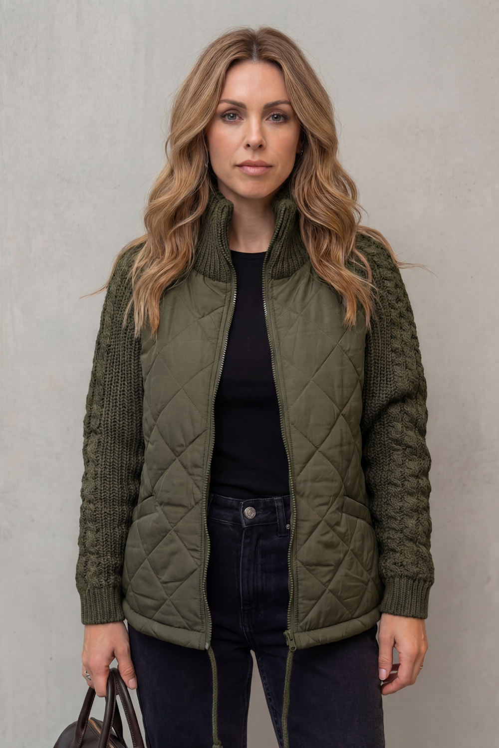 Women's Quilted Puffer Jacket Cable Knit Sleeves Zip-Up Stand Collar Winter