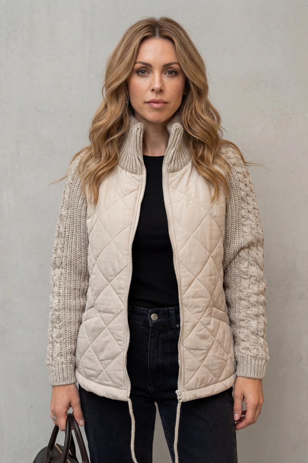 Women's Quilted Puffer Jacket Cable Knit Sleeves Zip-Up Stand Collar Winter