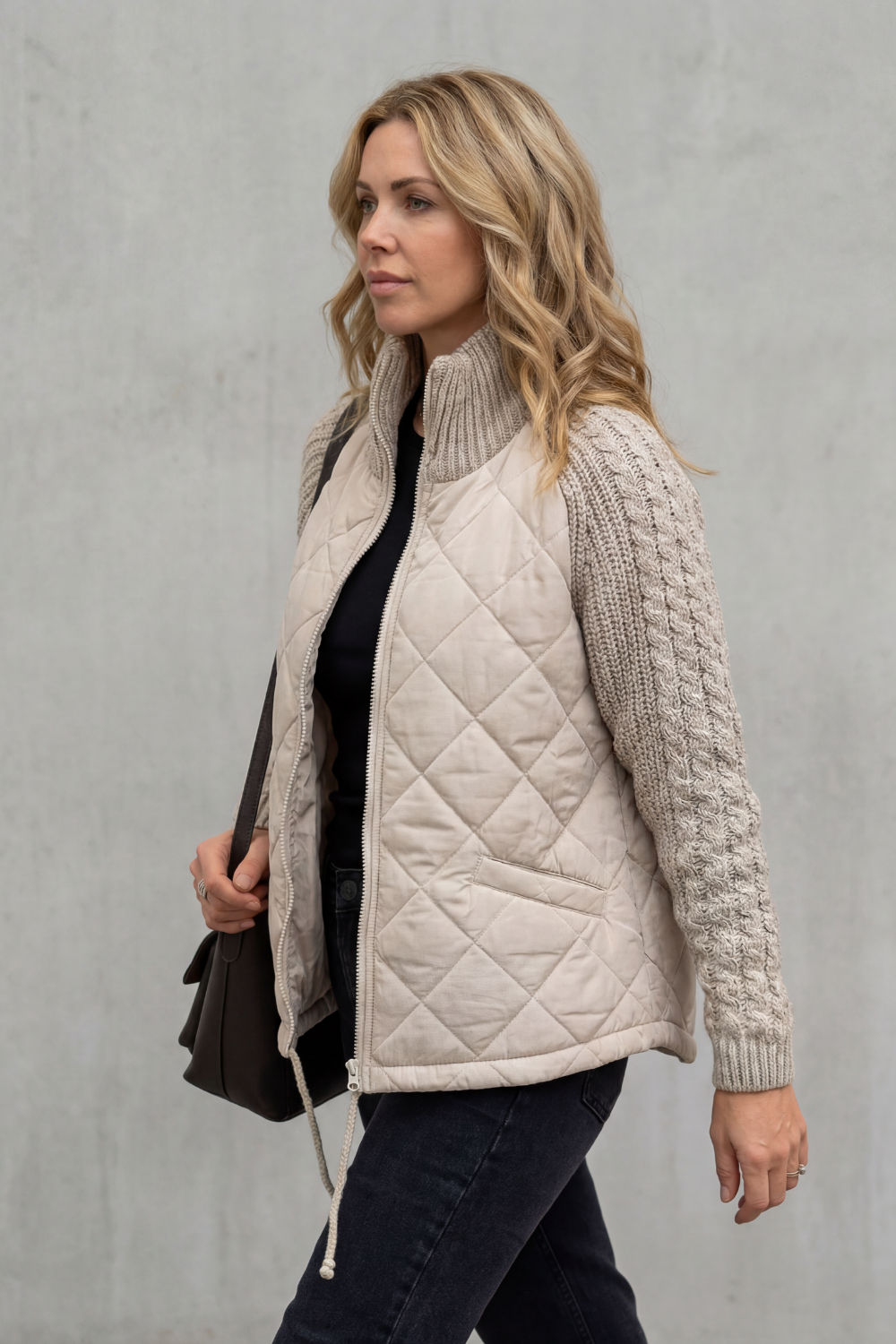 Women's Quilted Puffer Jacket Cable Knit Sleeves Zip-Up Stand Collar Winter