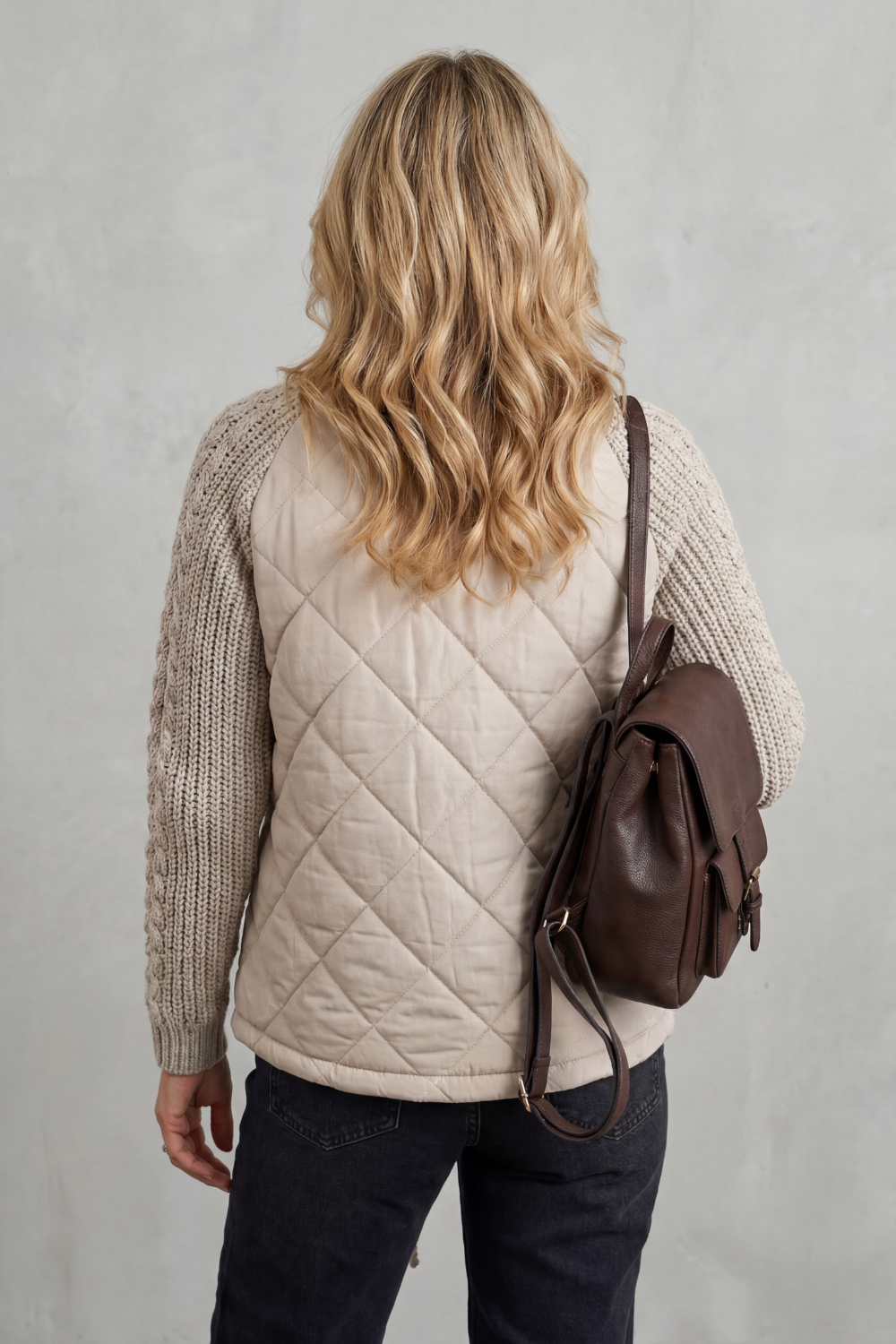 Women's Quilted Puffer Jacket Cable Knit Sleeves Zip-Up Stand Collar Winter