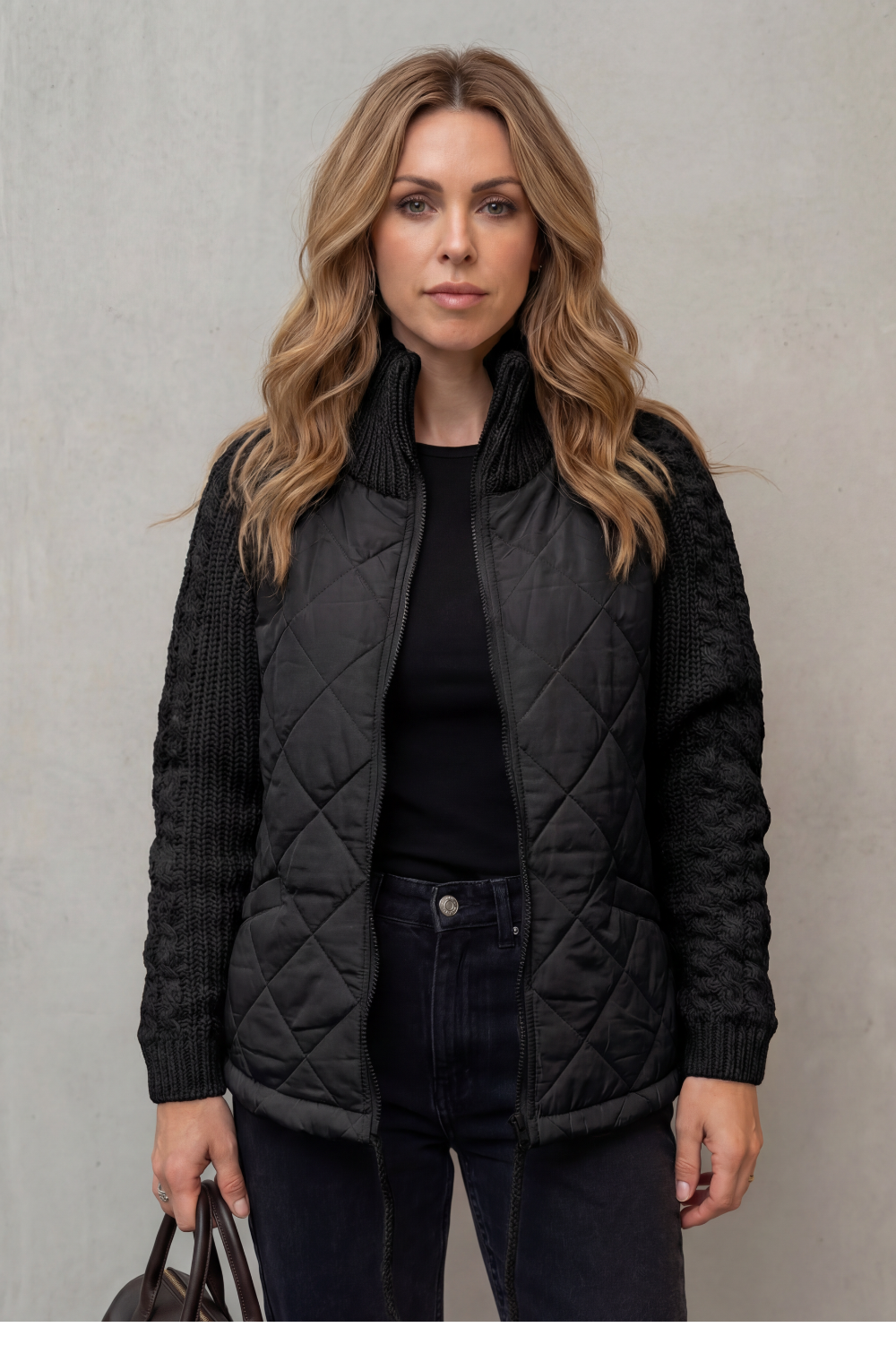 Women's Quilted Puffer Jacket Cable Knit Sleeves Zip-Up Stand Collar Winter
