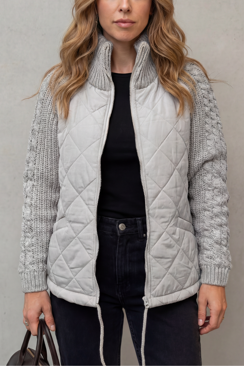 Women's Quilted Puffer Jacket Cable Knit Sleeves Zip-Up Stand Collar Winter