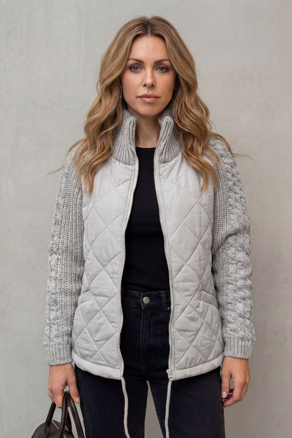 Women's Quilted Puffer Jacket Cable Knit Sleeves Zip-Up Stand Collar Winter
