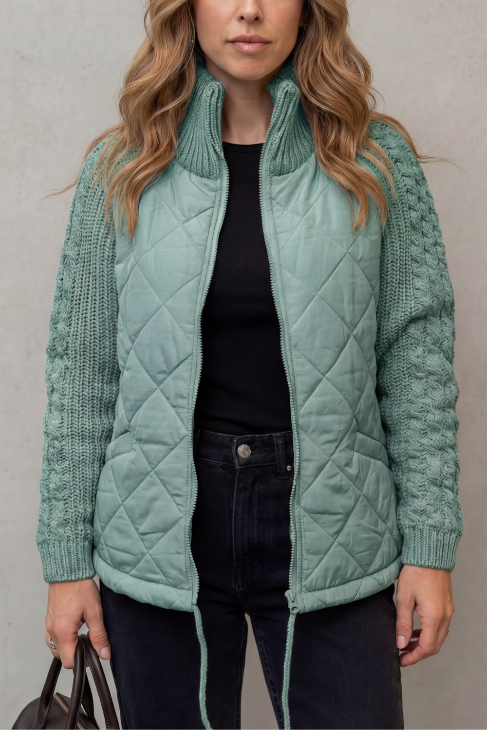 Women's Quilted Puffer Jacket Cable Knit Sleeves Zip-Up Stand Collar Winter