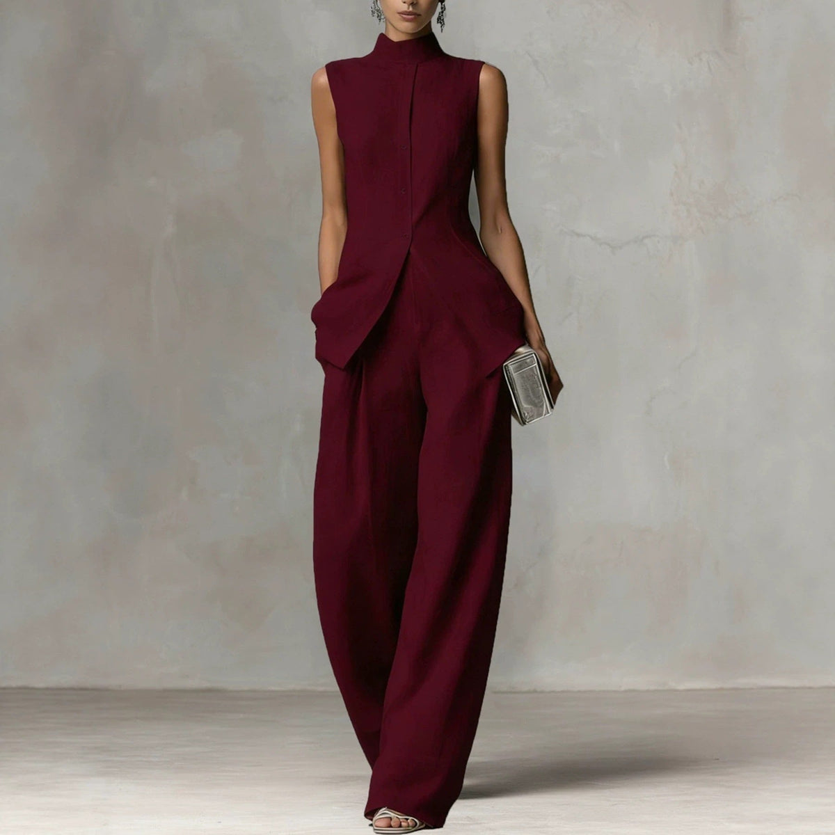 Women's Sleeveless Jumpsuit Set Mock Neck Button Front Slim Top Wide Leg Pants Casual