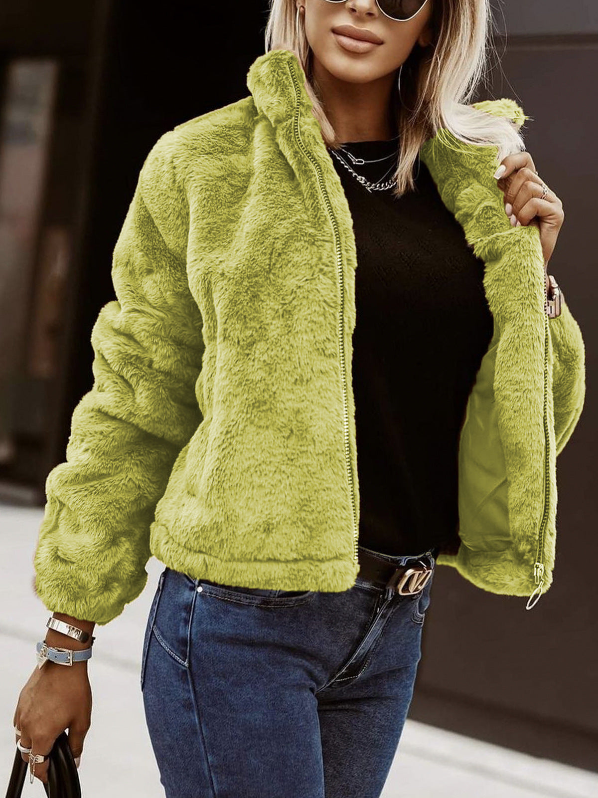 Women's Sherpa Bomber Jacket Zip-Up Stand Collar Long Sleeve Fleece Winter Coat