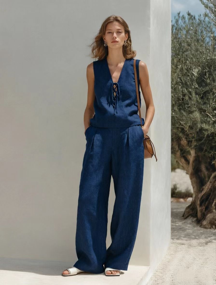 Women's Linen Cotton 2-Piece Set Sleeveless Lace-Up V-Neck Top Wide Leg Pants Casual