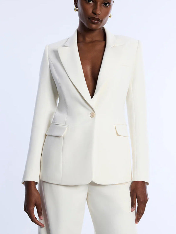 Women's 2 Piece Blazer Suit Set V-Neck Notch Lapel Long Sleeve Button Slim Fit Wide Leg Pants