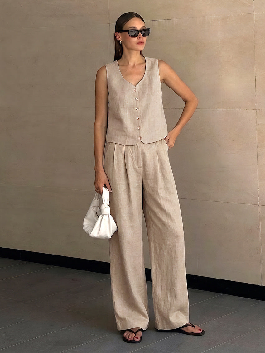 Women's Cotton Linen 2-Piece Set V-Neck Button-Front Vest Wide-Leg Pants Workwear Casual