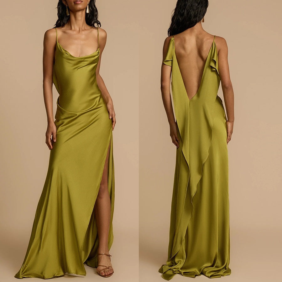 Women's Satin Maxi Dress Cowl Neck Spaghetti Strap Backless Side Slit Ruffle Party Dress