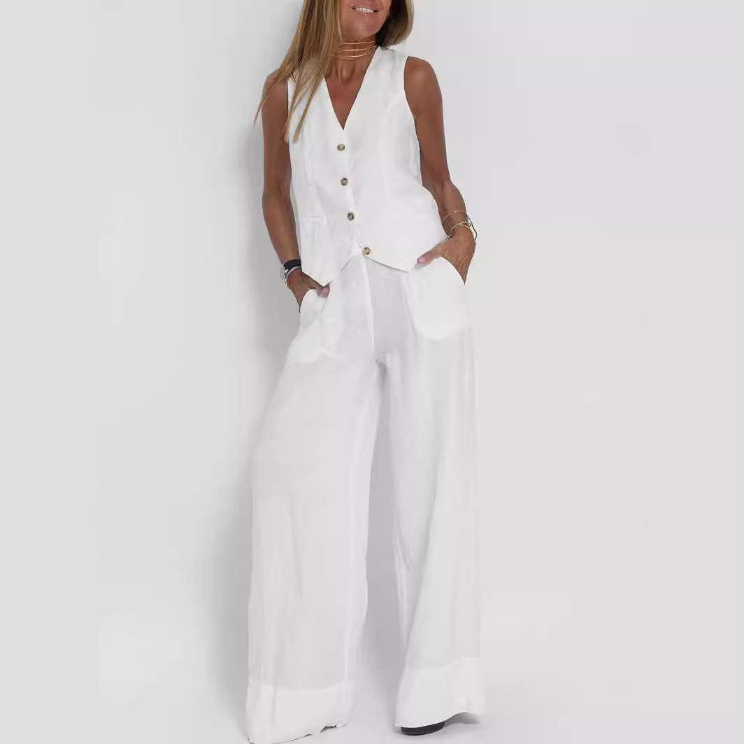 Women's Vest and Wide Leg Pants Set V-Neck Sleeveless Button Closure Casual Two Piece Outfit