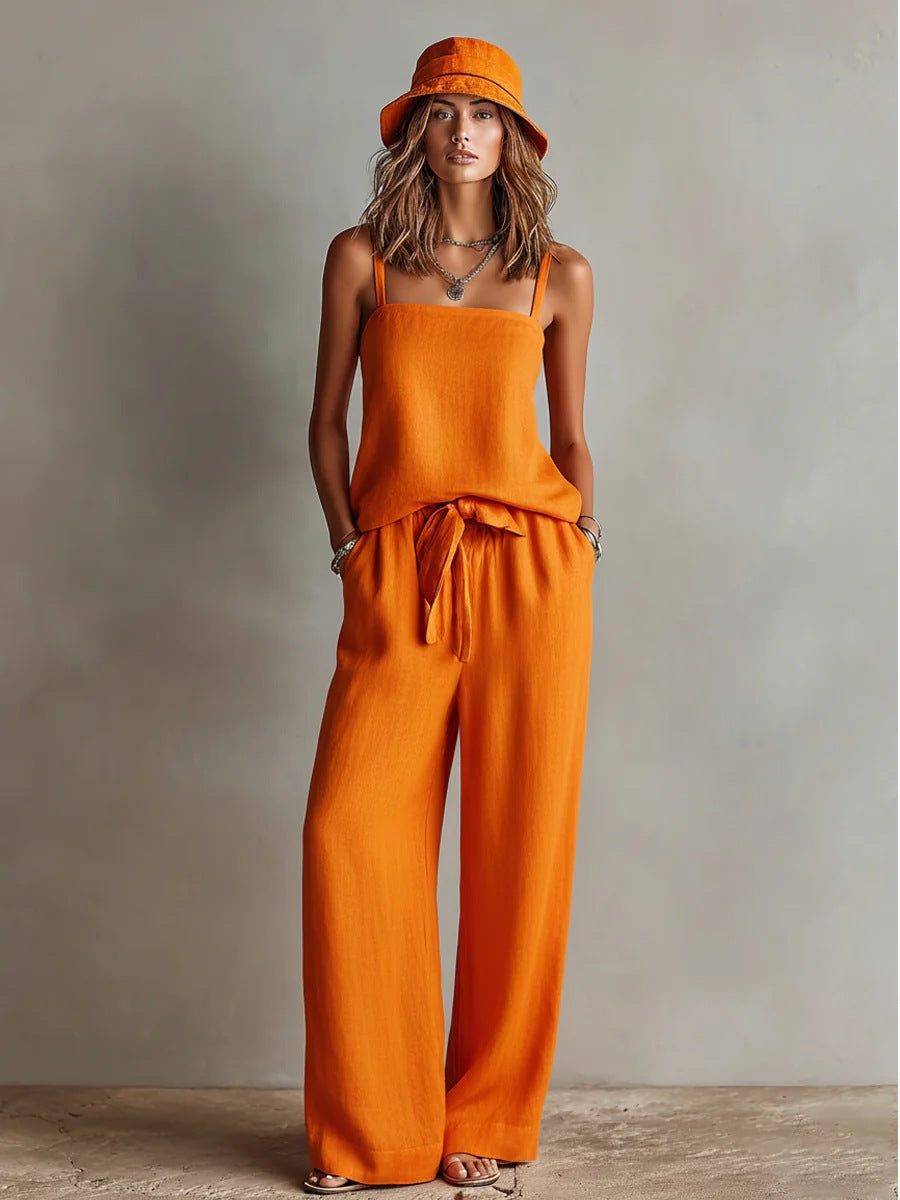 Women's Linen Cami Wide Leg Pants Set Square Neck Sleeveless Tie Waist Casual Loose Fit